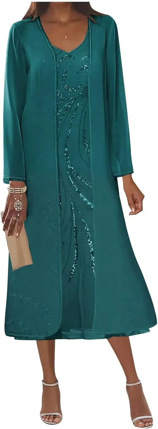 2 Piece Mother of The Bride Dresses for Women Sequin Chiffon Tea Length Formal Dress with Jackets