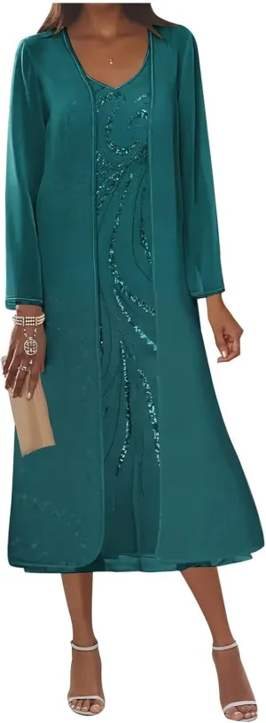 2 Piece Mother of The Bride Dresses for Women Sequin Chiffon Tea Length Formal Dress with Jackets