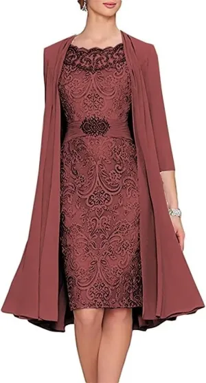2 Pieces Tea Length Mother of The Bride Dresses with Jackets Lace Formal Evening Dress for Wedding
