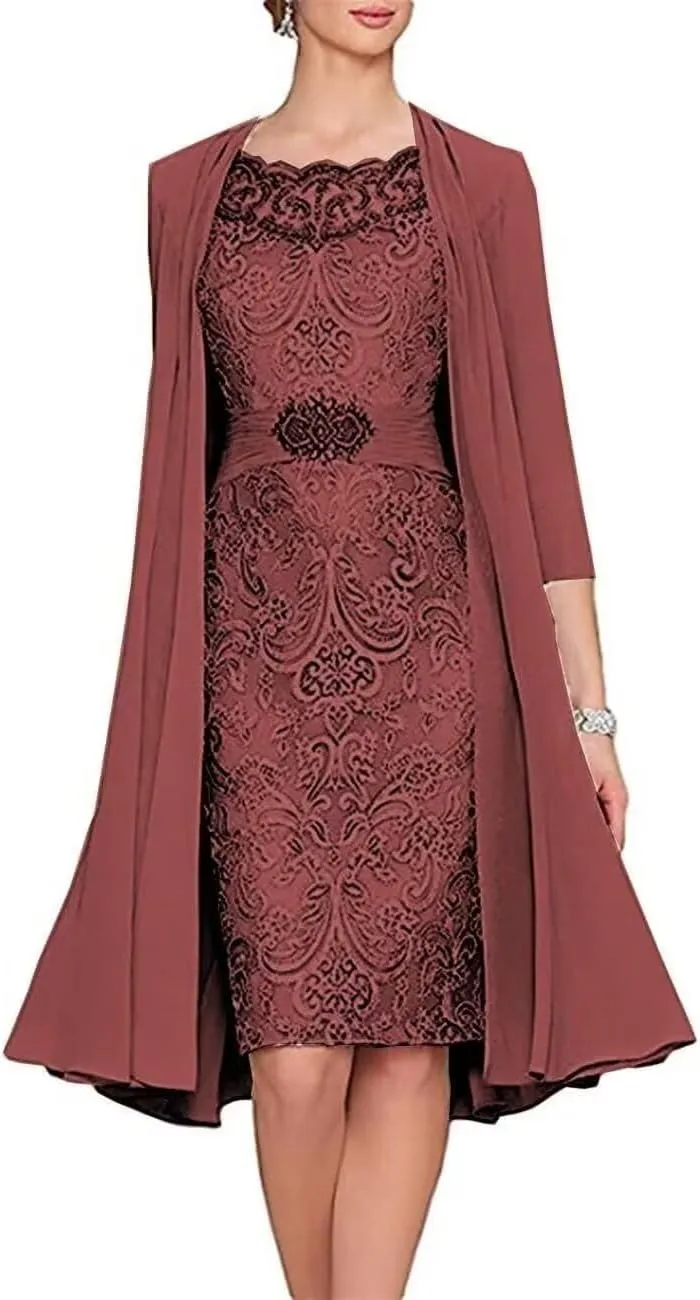 2 Pieces Tea Length Mother of The Bride Dresses with Jackets Lace Formal Evening Dress for Wedding