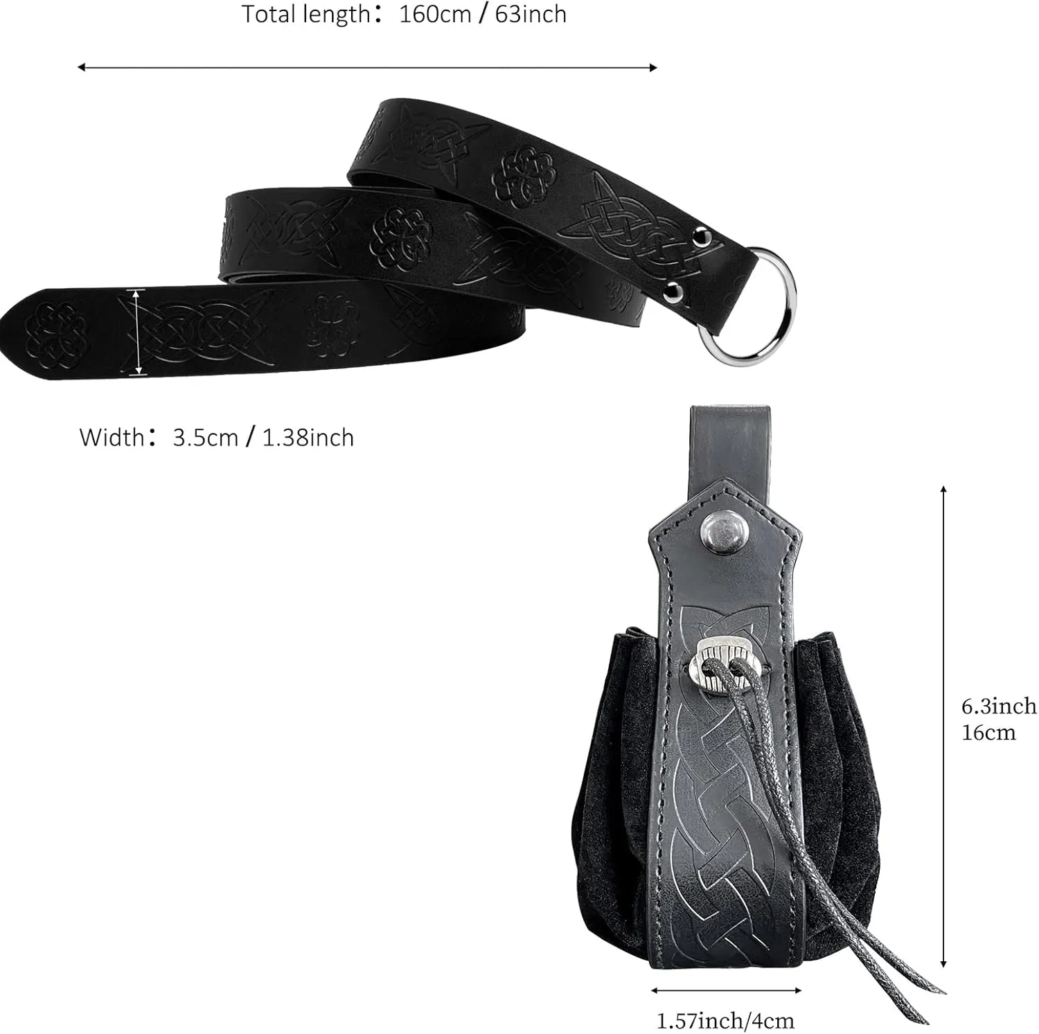 3 Pcs Halloween Renaissance Belt Pouch Coin Purse Phone Holder Skirt Hikes Medieval Viking Pirate Leather Belt Costume Sets (01-Black)