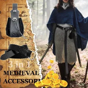 3 Pcs Halloween Renaissance Belt Pouch Coin Purse Phone Holder Skirt Hikes Medieval Viking Pirate Leather Belt Costume Sets (01-Black)