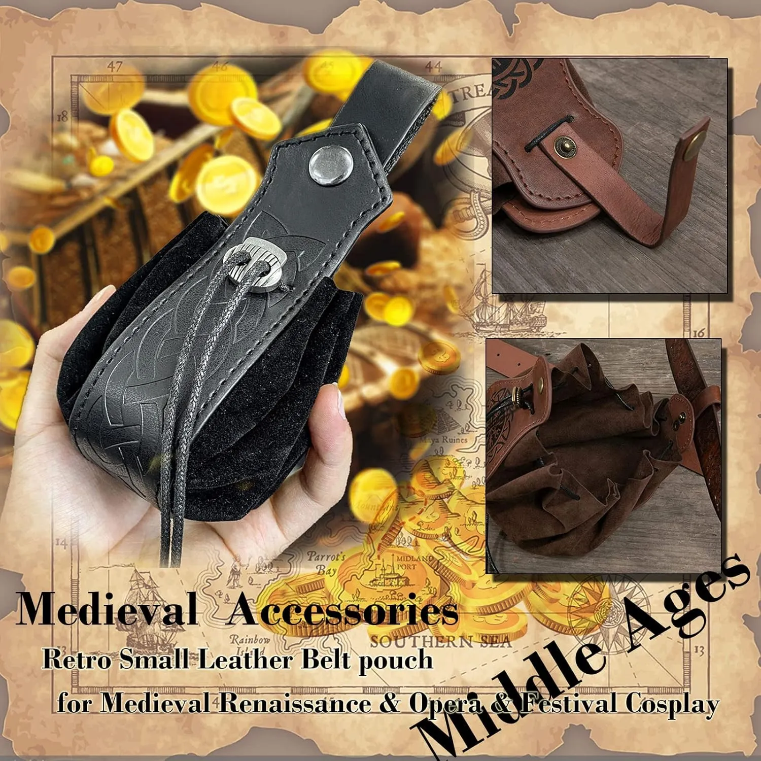 3 Pcs Halloween Renaissance Belt Pouch Coin Purse Phone Holder Skirt Hikes Medieval Viking Pirate Leather Belt Costume Sets (01-Black)