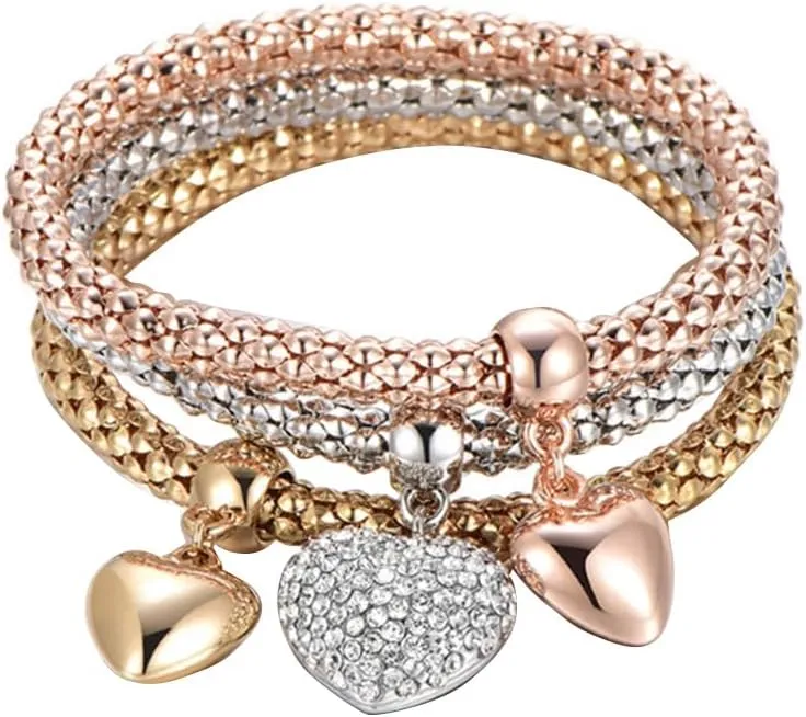 3 PCS Love Heart Pendant Wrist Bangles Bracelets Set for Women Clear Crystal Resin Corn Stacking Wristband Elastic Adjustable Cuff Wrap Bracelet Lightweight Retro Chic Geometric Jewelry