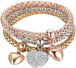 3 PCS Love Heart Pendant Wrist Bangles Bracelets Set for Women Clear Crystal Resin Corn Stacking Wristband Elastic Adjustable Cuff Wrap Bracelet Lightweight Retro Chic Geometric Jewelry