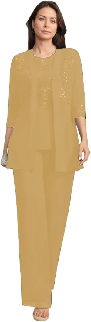 3 Pieces Mother of Bride Pant Suits with Jackets Laces Sequin Chiffon Mother of Groom Dresses