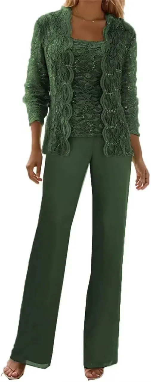 3 Pieces Mother of The Bride Pant Suits with Jackets Sequins Lace Wedding Guest Dresses for Women