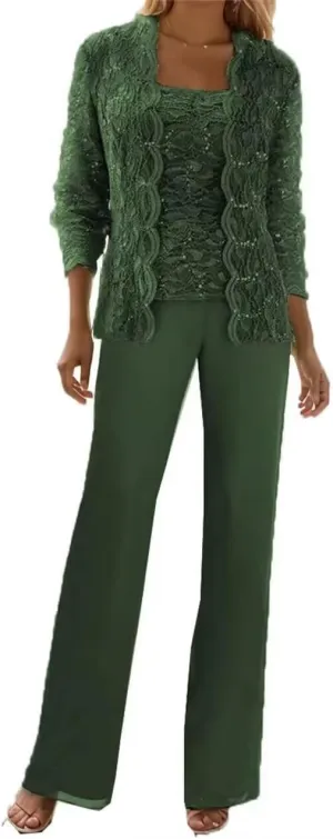 3 Pieces Mother of The Bride Pant Suits with Jackets Sequins Lace Wedding Guest Dresses for Women