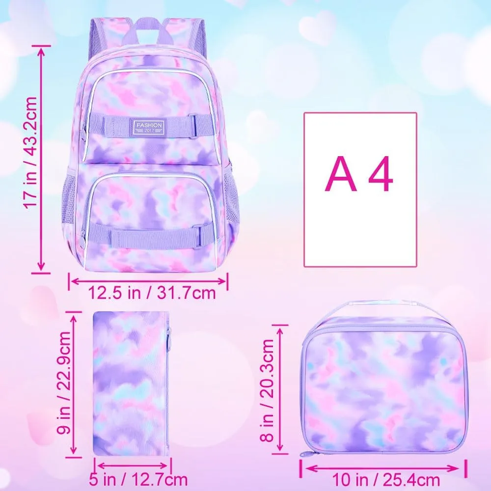 3Pcs Backpack for Girls Boys, 17 Inch School Bookbag with Lunch Box, Durable Laptop Backpacks Set for Teens College