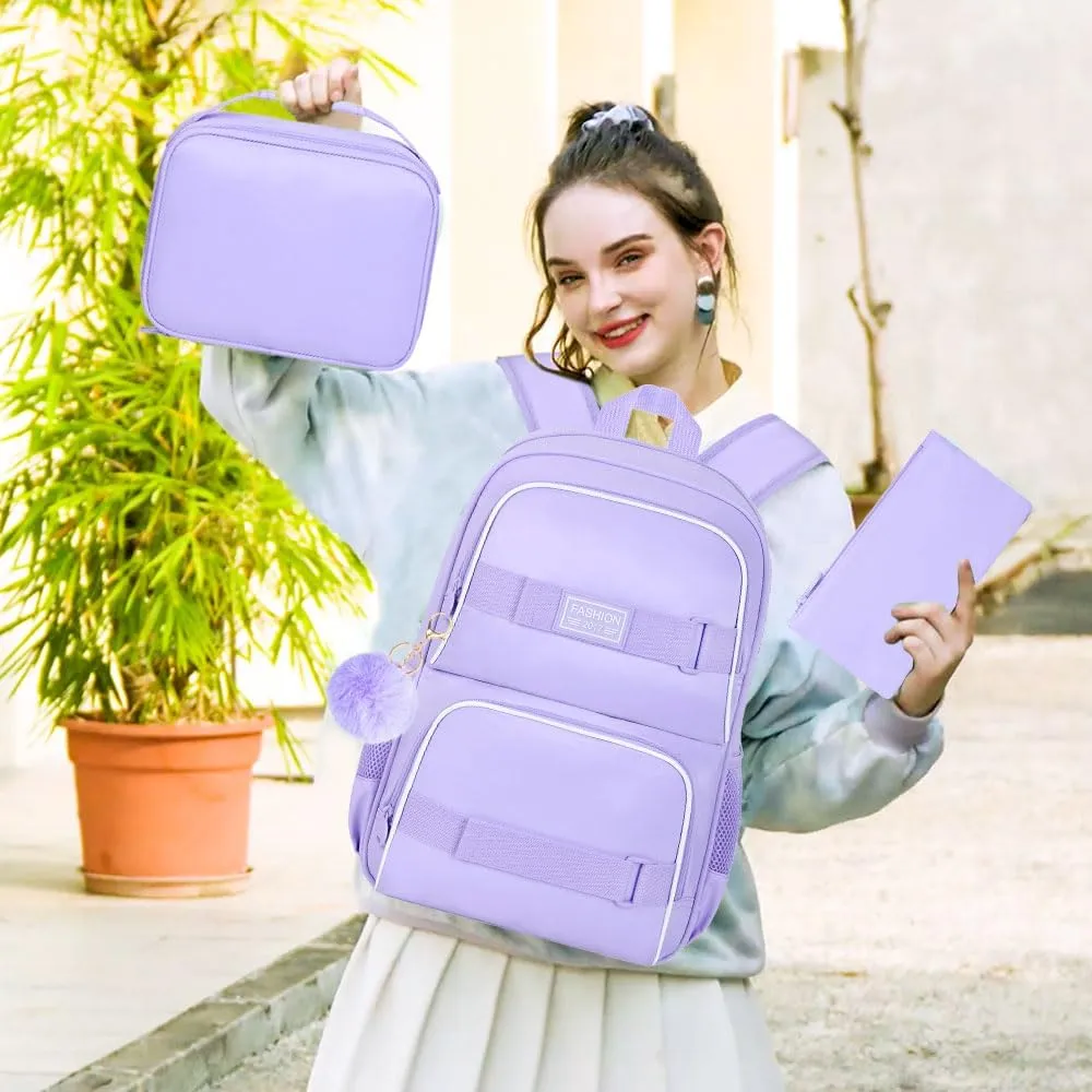 3Pcs Backpack for Girls Boys, 17 Inches Women Men School Bookbag Set for Teens College, Laptop Backpacks with Lunch Box