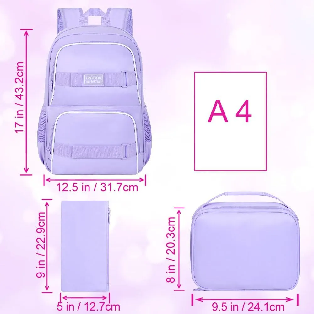 3Pcs Backpack for Girls Boys, 17 Inches Women Men School Bookbag Set for Teens College, Laptop Backpacks with Lunch Box
