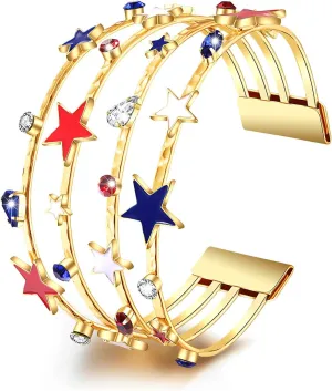 4th of July Bracelets for Women American Star Cuff Bracelets Red White and Blue Wide Cuff Bracelet Bangles Independence Day Patriotic 4th of July Accessories Outfits Jewelry Gifts