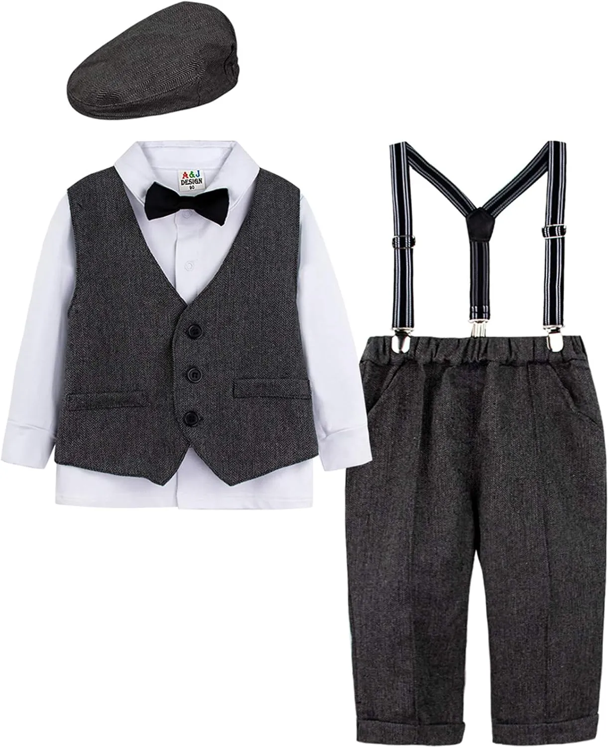 A&J DESIGN 5pcs Baby Boys Suit, 12 Months - 3T, Shirt & Pants & Vest & Hat & Bow Tie