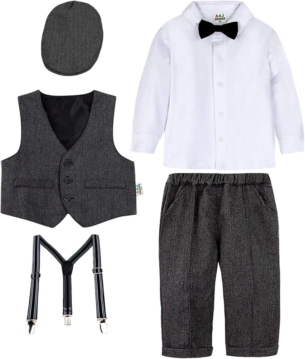 A&J DESIGN 5pcs Baby Boys Suit, 12 Months - 3T, Shirt & Pants & Vest & Hat & Bow Tie