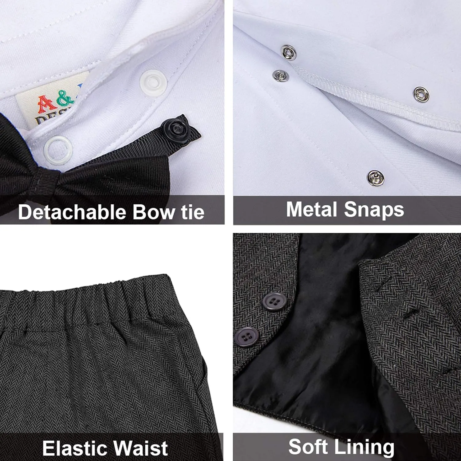 A&J DESIGN 5pcs Baby Boys Suit, 12 Months - 3T, Shirt & Pants & Vest & Hat & Bow Tie