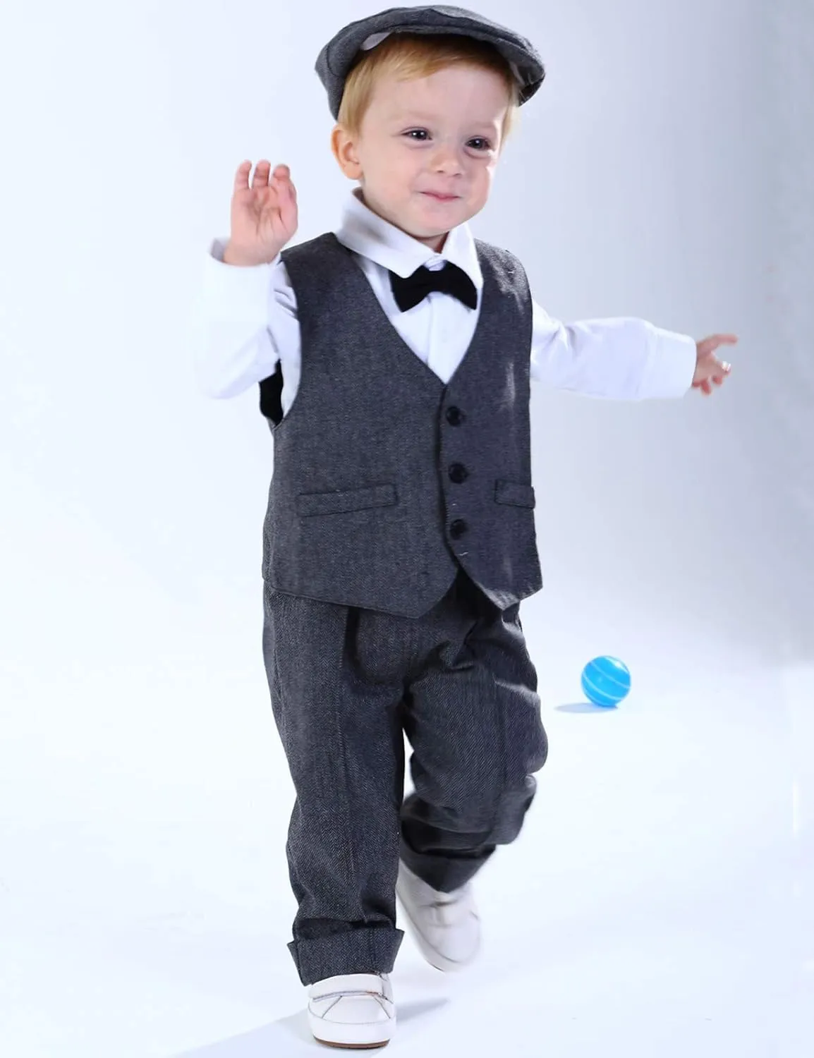 A&J DESIGN 5pcs Baby Boys Suit, 12 Months - 3T, Shirt & Pants & Vest & Hat & Bow Tie