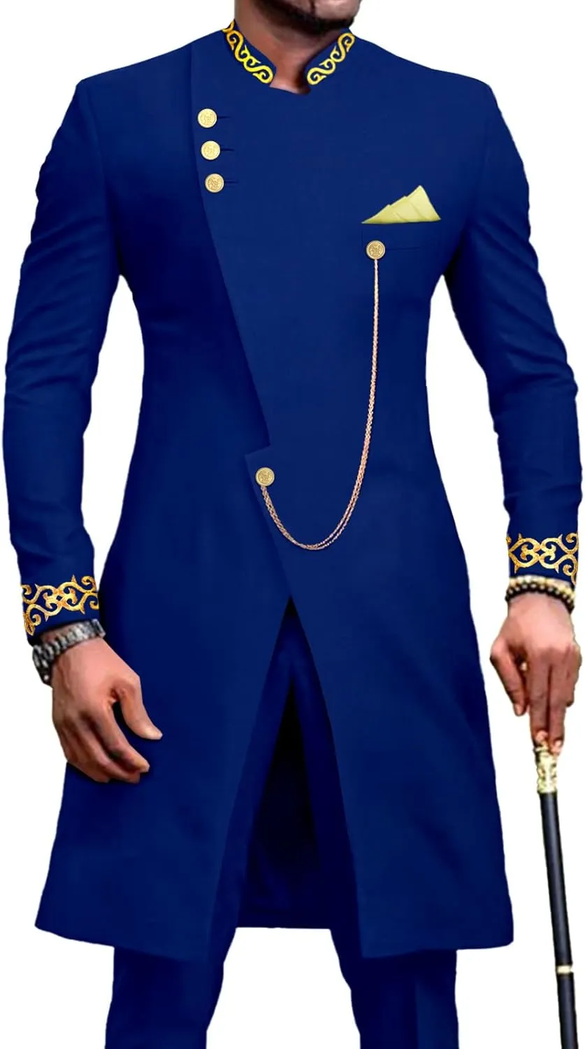 African Suits for Men Dashiki Embroidery Jackets and Pants 2 Piece Set Slim Fit Formal Outfits Wedding