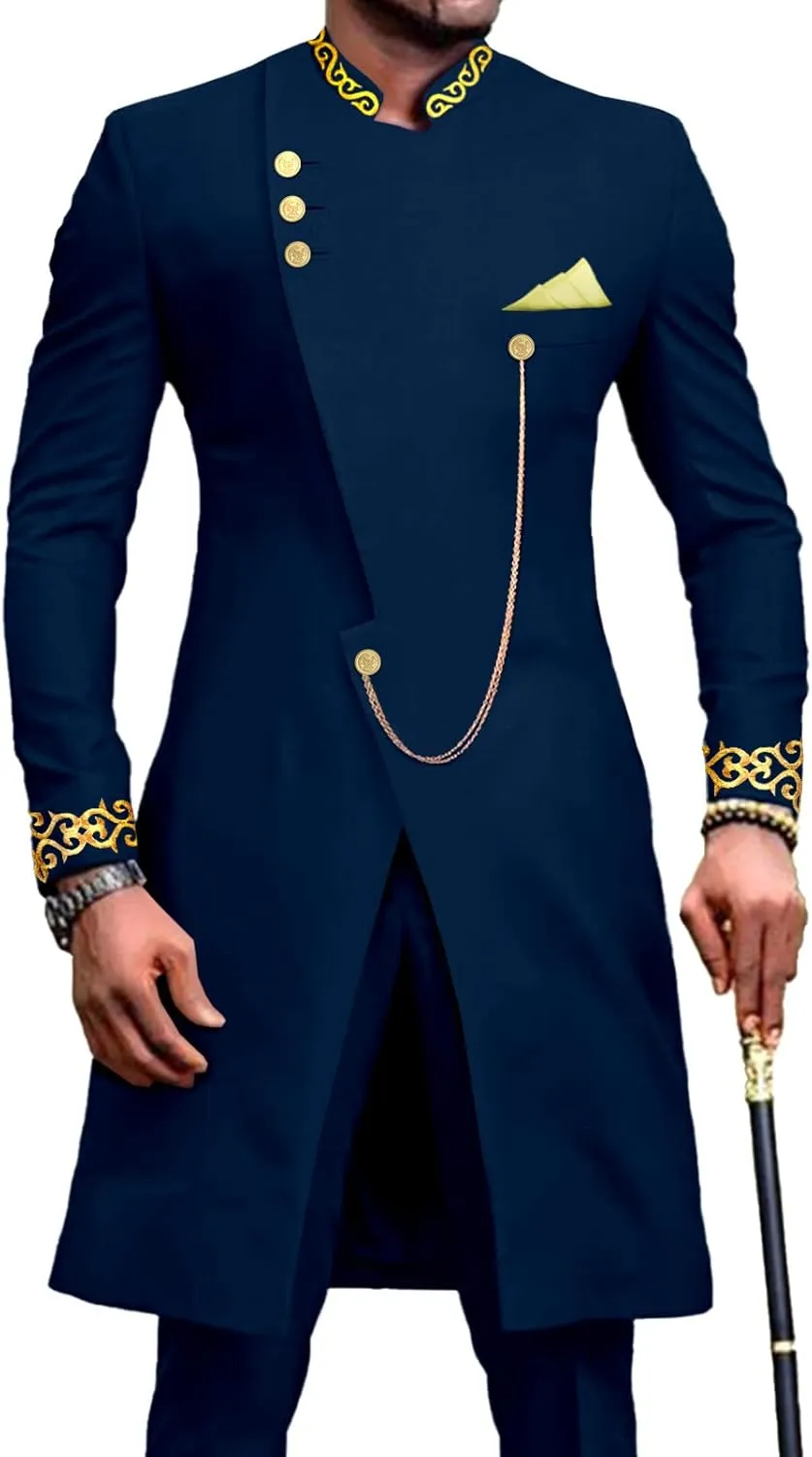African Suits for Men Dashiki Embroidery Jackets and Pants 2 Piece Set Slim Fit Formal Outfits Wedding