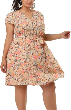 Agnes Orinda Dresses for Women Plus Size 2024 V Neck Short Sleeve Tie Waist Sundress Summer Casual Midi Dress