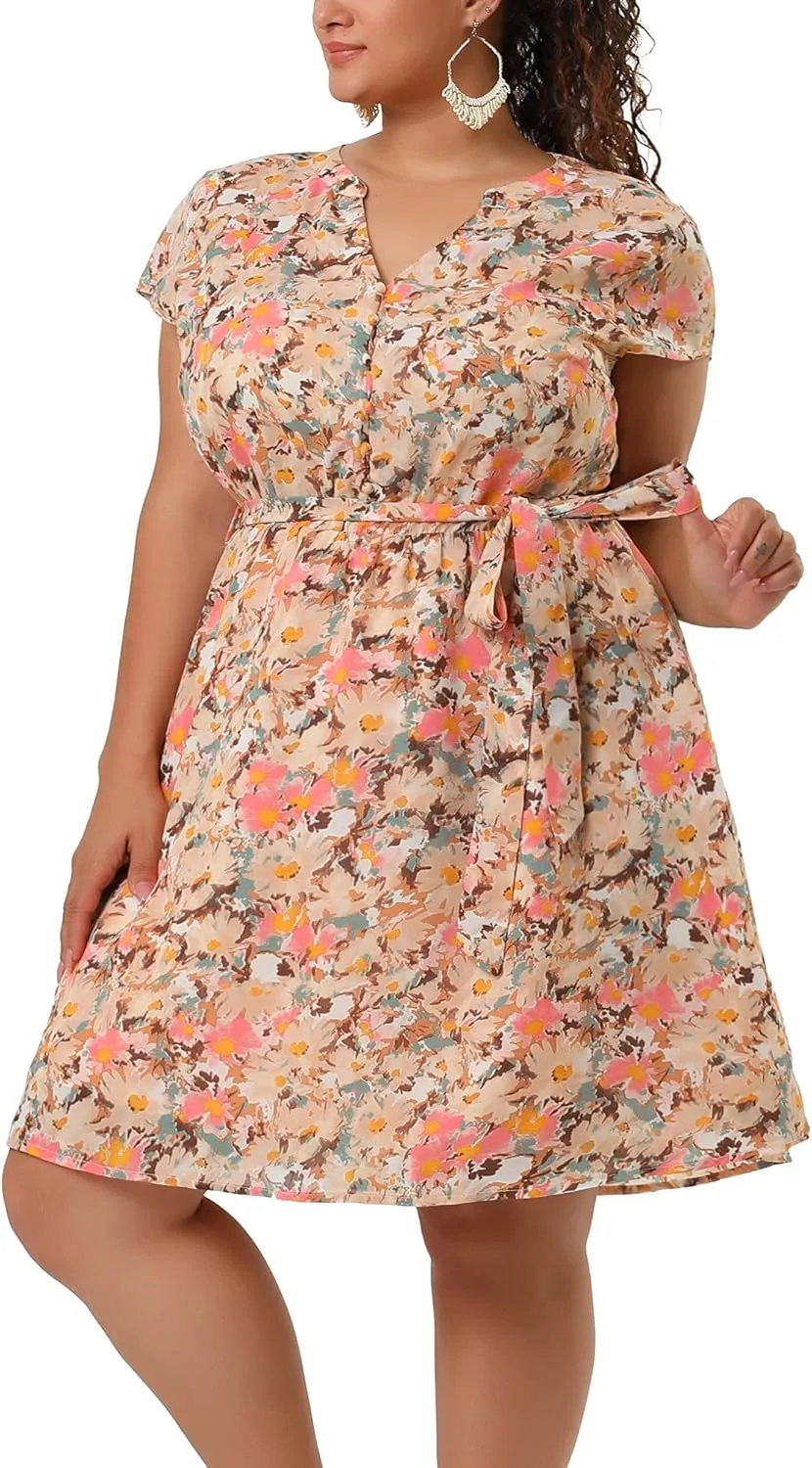 Agnes Orinda Dresses for Women Plus Size 2024 V Neck Short Sleeve Tie Waist Sundress Summer Casual Midi Dress