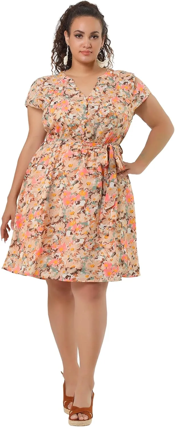 Agnes Orinda Dresses for Women Plus Size 2024 V Neck Short Sleeve Tie Waist Sundress Summer Casual Midi Dress
