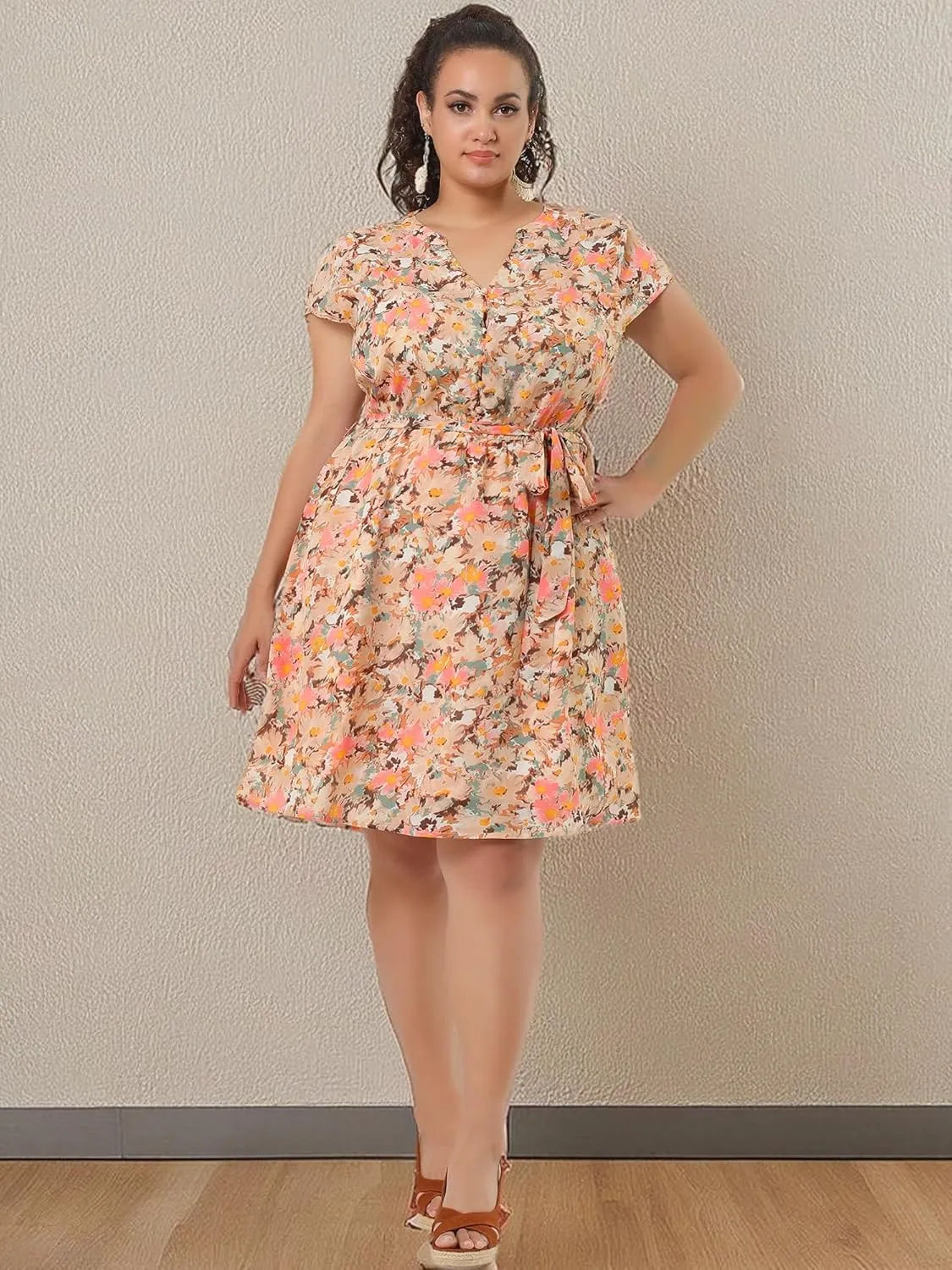 Agnes Orinda Dresses for Women Plus Size 2024 V Neck Short Sleeve Tie Waist Sundress Summer Casual Midi Dress