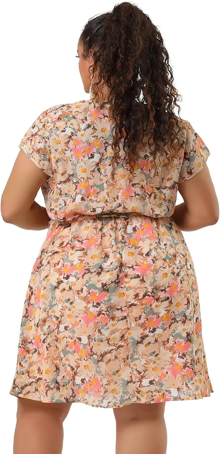 Agnes Orinda Dresses for Women Plus Size 2024 V Neck Short Sleeve Tie Waist Sundress Summer Casual Midi Dress
