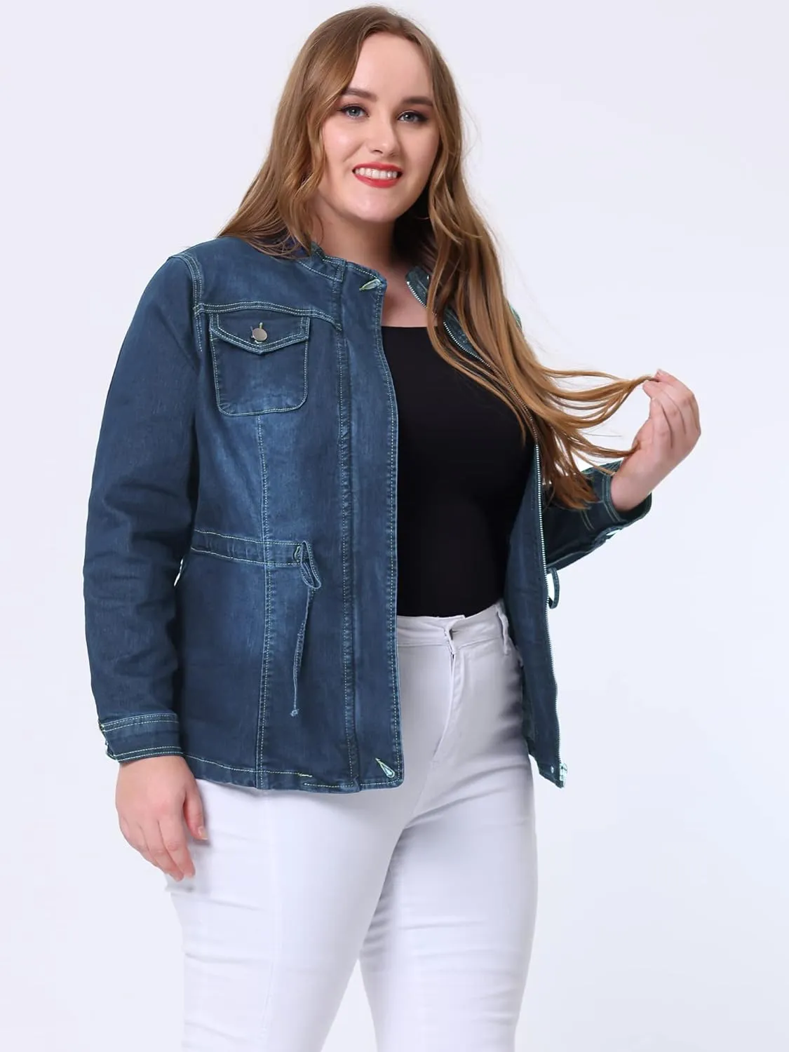 Agnes Orinda Women's Plus Size Denim Jacket Stretch Stand Collar Zip Drawstring Jean Jackets 2024