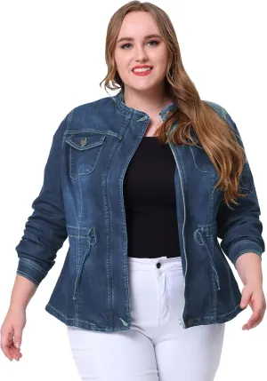 Agnes Orinda Women's Plus Size Denim Jacket Stretch Stand Collar Zip Drawstring Jean Jackets 2024