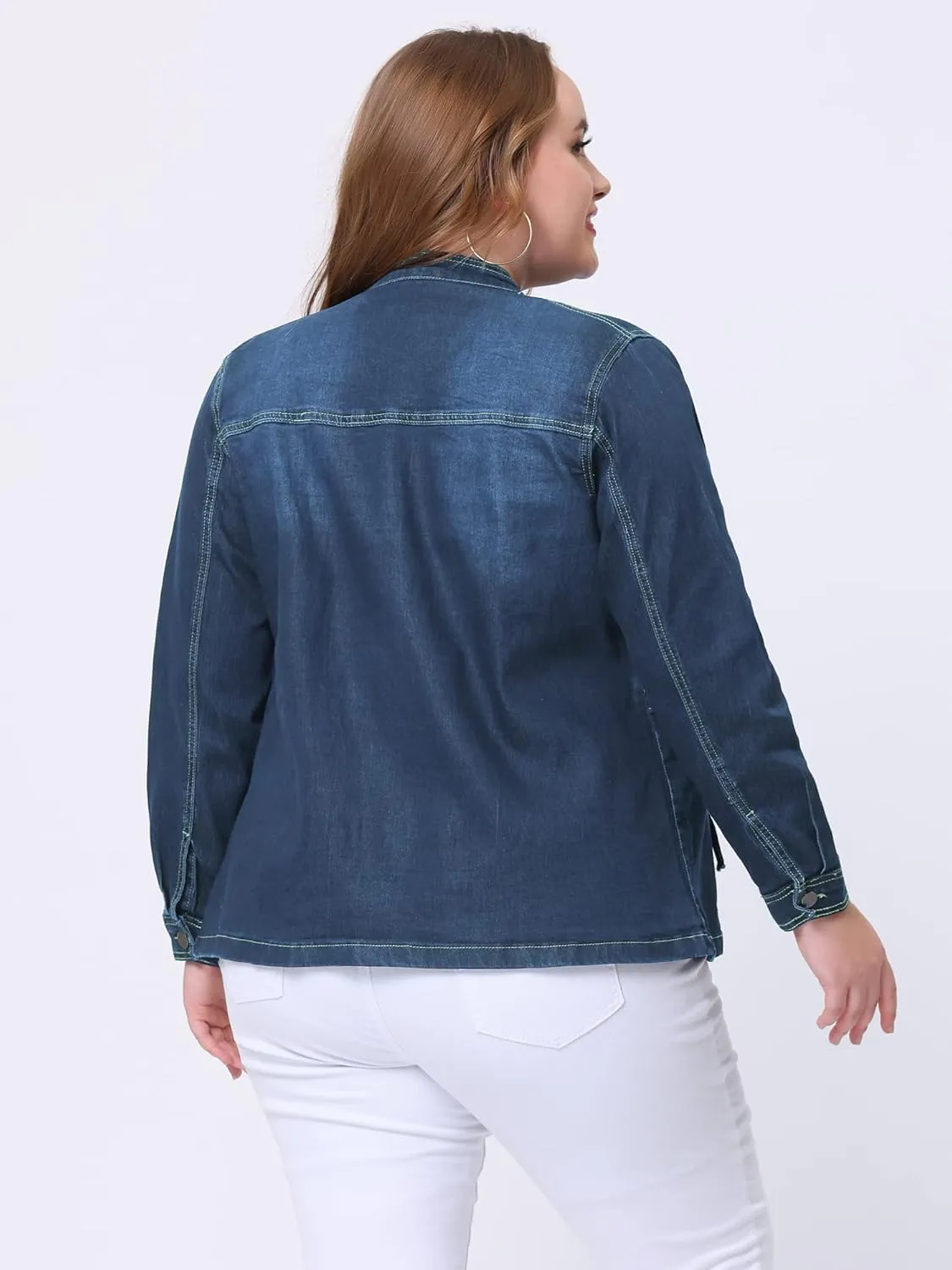 Agnes Orinda Women's Plus Size Denim Jacket Stretch Stand Collar Zip Drawstring Jean Jackets 2024