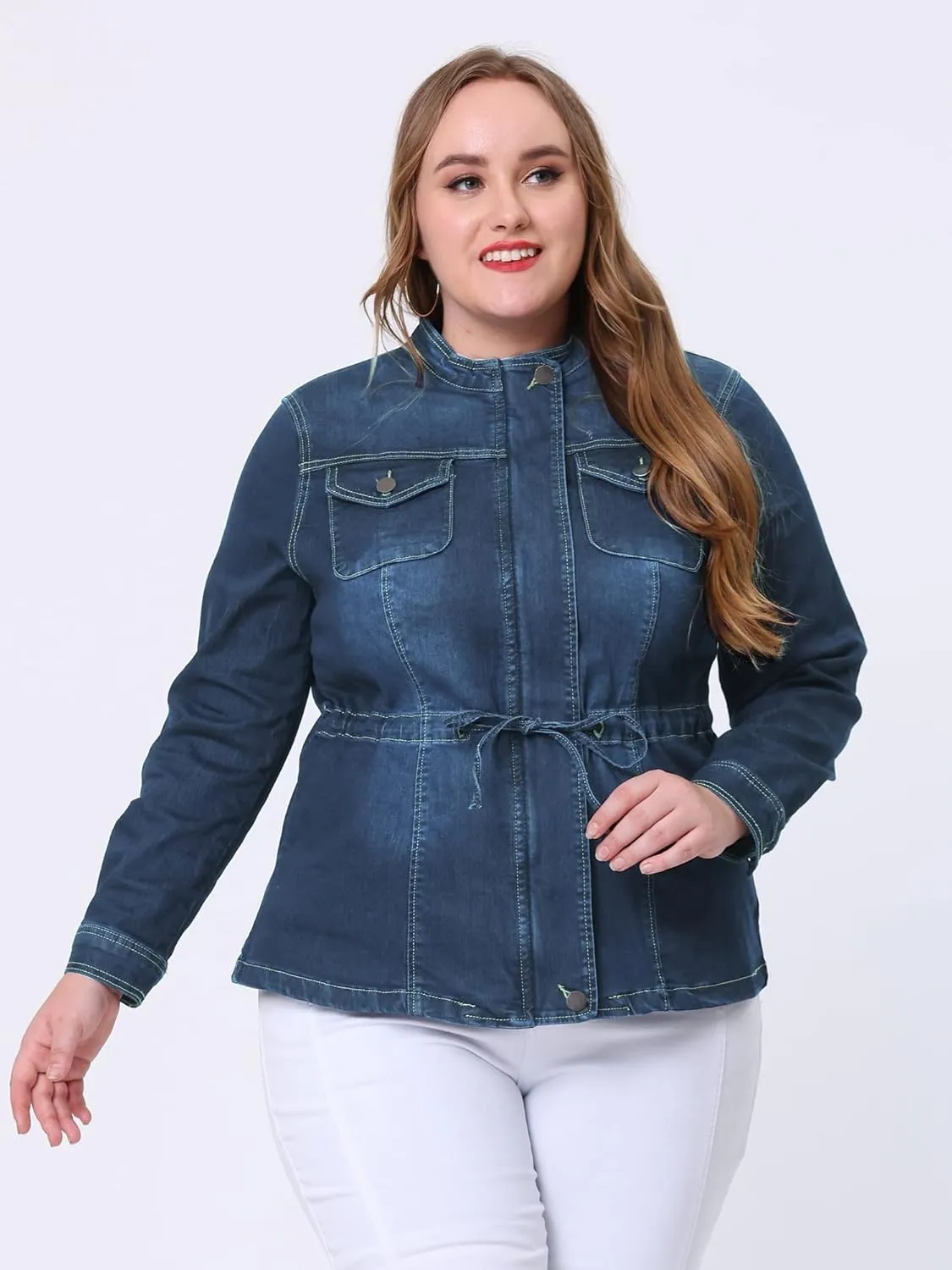 Agnes Orinda Women's Plus Size Denim Jacket Stretch Stand Collar Zip Drawstring Jean Jackets 2024
