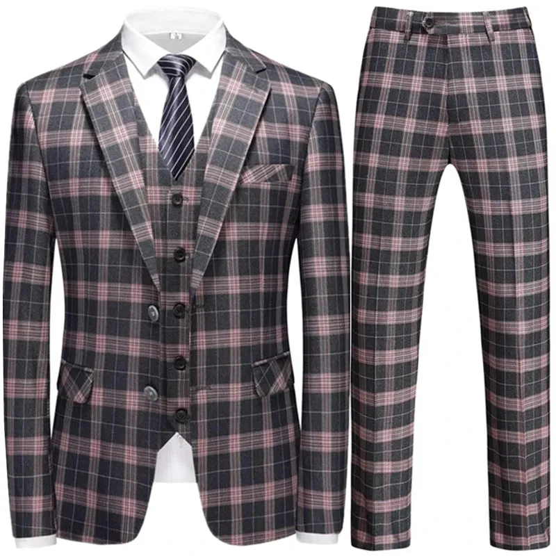 Aidase Fashion New Men Leisure Boutique Business Plaid Striped Suit Vest Pants 3 Pcs Set Casual Dress Blazers Jacket Coat Trosers