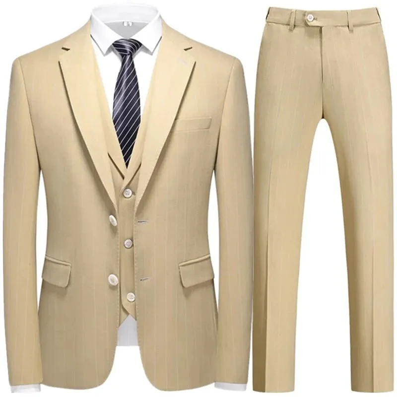 Aidase Fashion New Men Leisure Boutique Business Plaid Striped Suit Vest Pants 3 Pcs Set Casual Dress Blazers Jacket Coat Trosers
