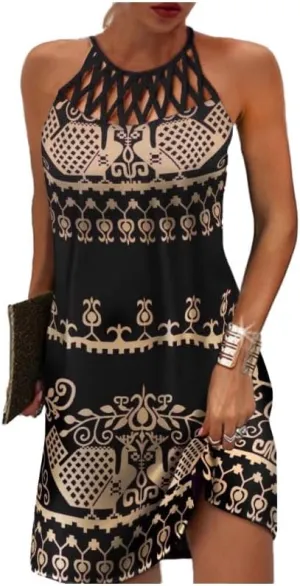 Akivide Women Casual Boho Floral Print Halter Dress Summer Plus Size Crochet Hollow Out Flowy Beach Sundresses