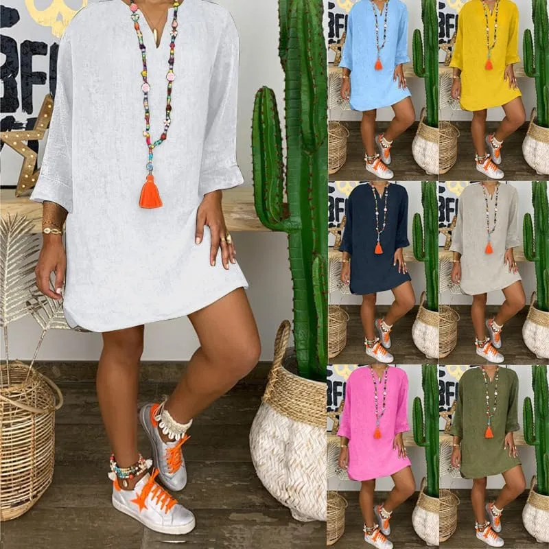 Akivide Women Cotton Linen Long Sleeve Midi Dress Summer Casual V Neck Flowy Beach Dress