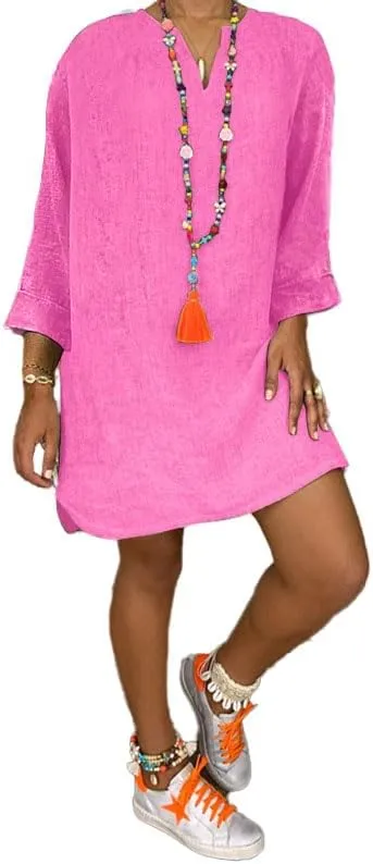 Akivide Women Cotton Linen Long Sleeve Midi Dress Summer Casual V Neck Flowy Beach Dress