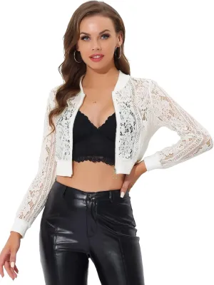 Allegra K Cropped Jackets for Women's Stand Collar Zip Up Mesh Sheer Lace Bomber Jacket