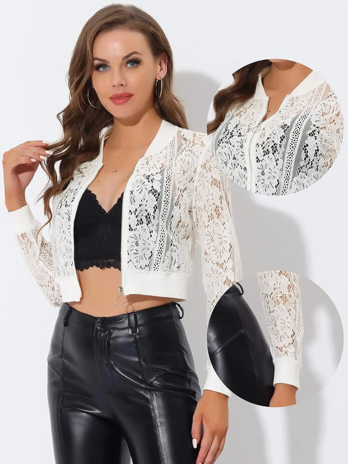 Allegra K Cropped Jackets for Women's Stand Collar Zip Up Mesh Sheer Lace Bomber Jacket