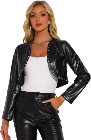 Allegra K PU Leather Cropped Jackets for Women's Long Sleeve Casual Party Bolero Short Jacket
