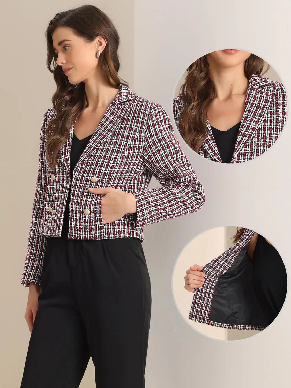 Allegra K Tweed Cardigan for Women's Notch Lapel Buttons Office Long Sleeve Casual Blazer Jackets