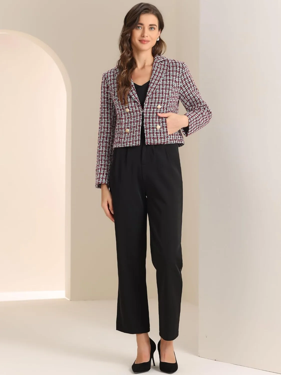 Allegra K Tweed Cardigan for Women's Notch Lapel Buttons Office Long Sleeve Casual Blazer Jackets
