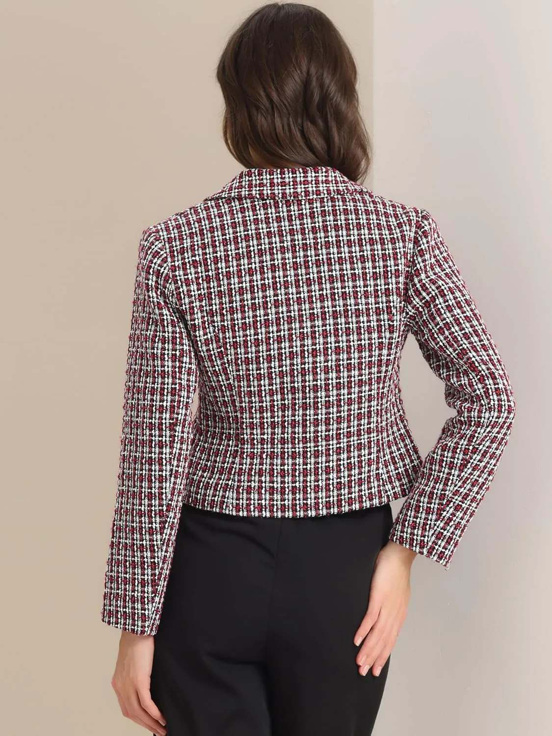 Allegra K Tweed Cardigan for Women's Notch Lapel Buttons Office Long Sleeve Casual Blazer Jackets