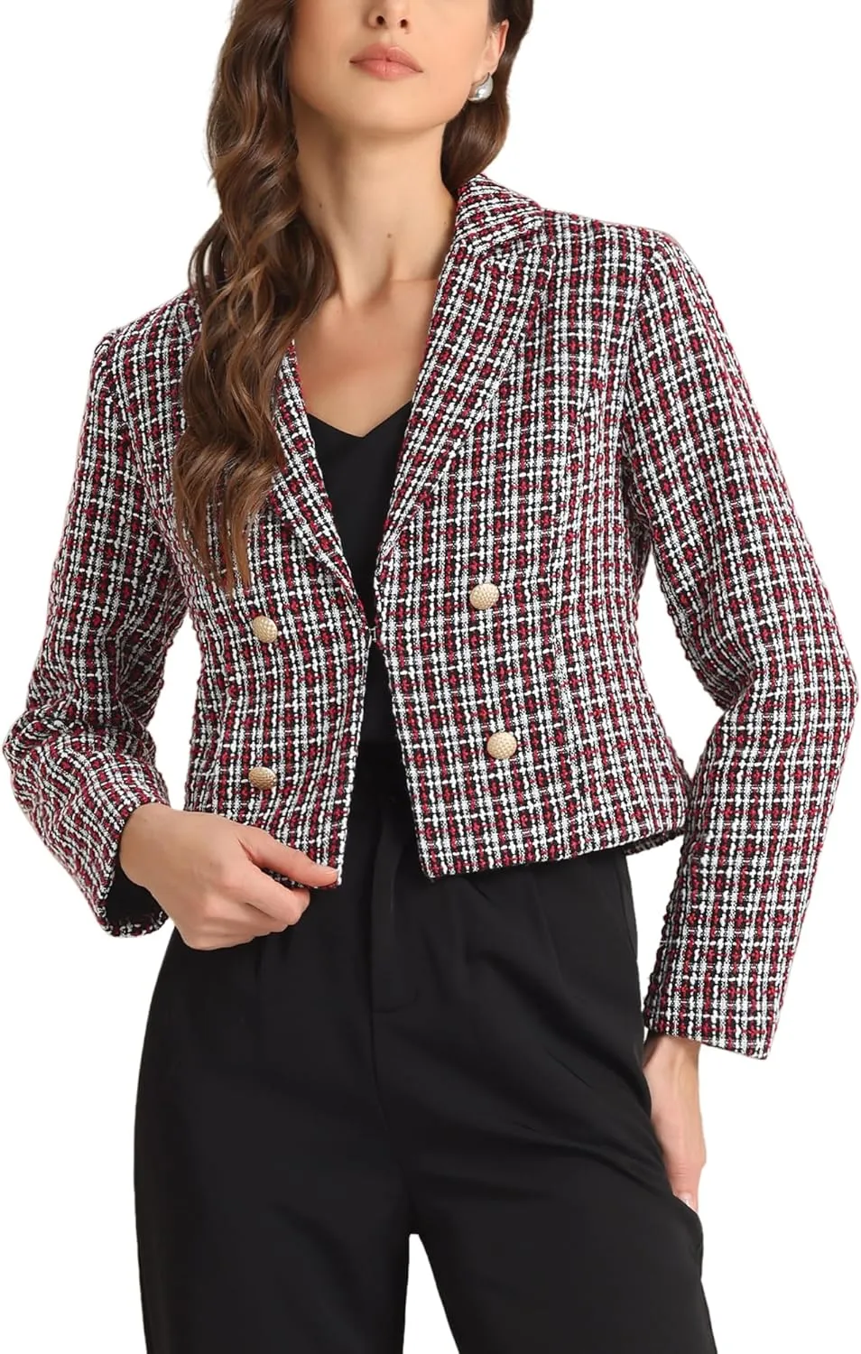 Allegra K Tweed Cardigan for Women's Notch Lapel Buttons Office Long Sleeve Casual Blazer Jackets