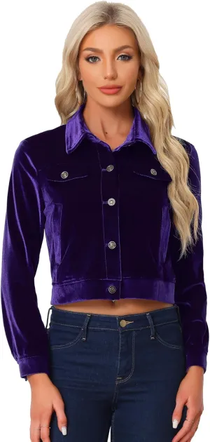 Allegra K Women's Halloween Cropped Jackets Button Down Slash Pockets 2024 Fall Casual Velvet Blazer