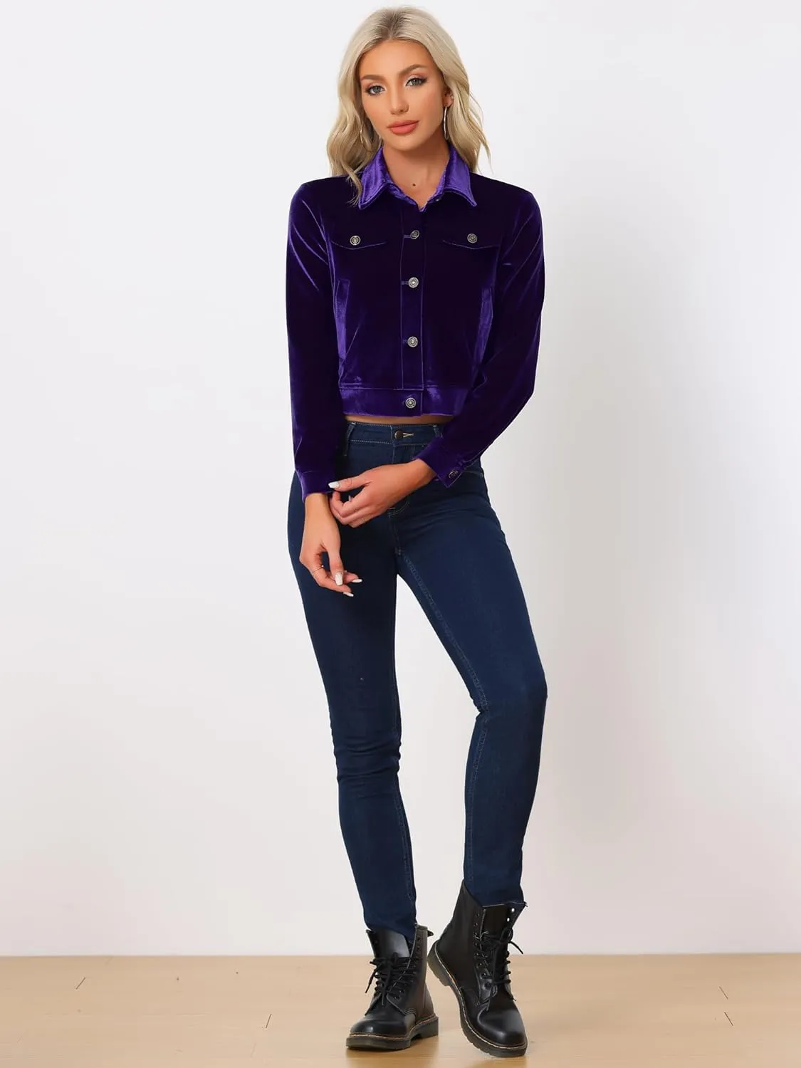 Allegra K Women's Halloween Cropped Jackets Button Down Slash Pockets 2024 Fall Casual Velvet Blazer