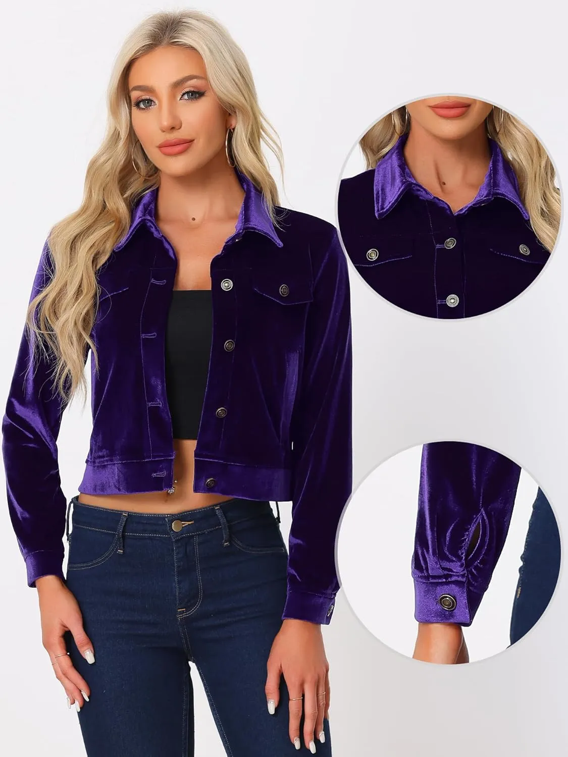 Allegra K Women's Halloween Cropped Jackets Button Down Slash Pockets 2024 Fall Casual Velvet Blazer