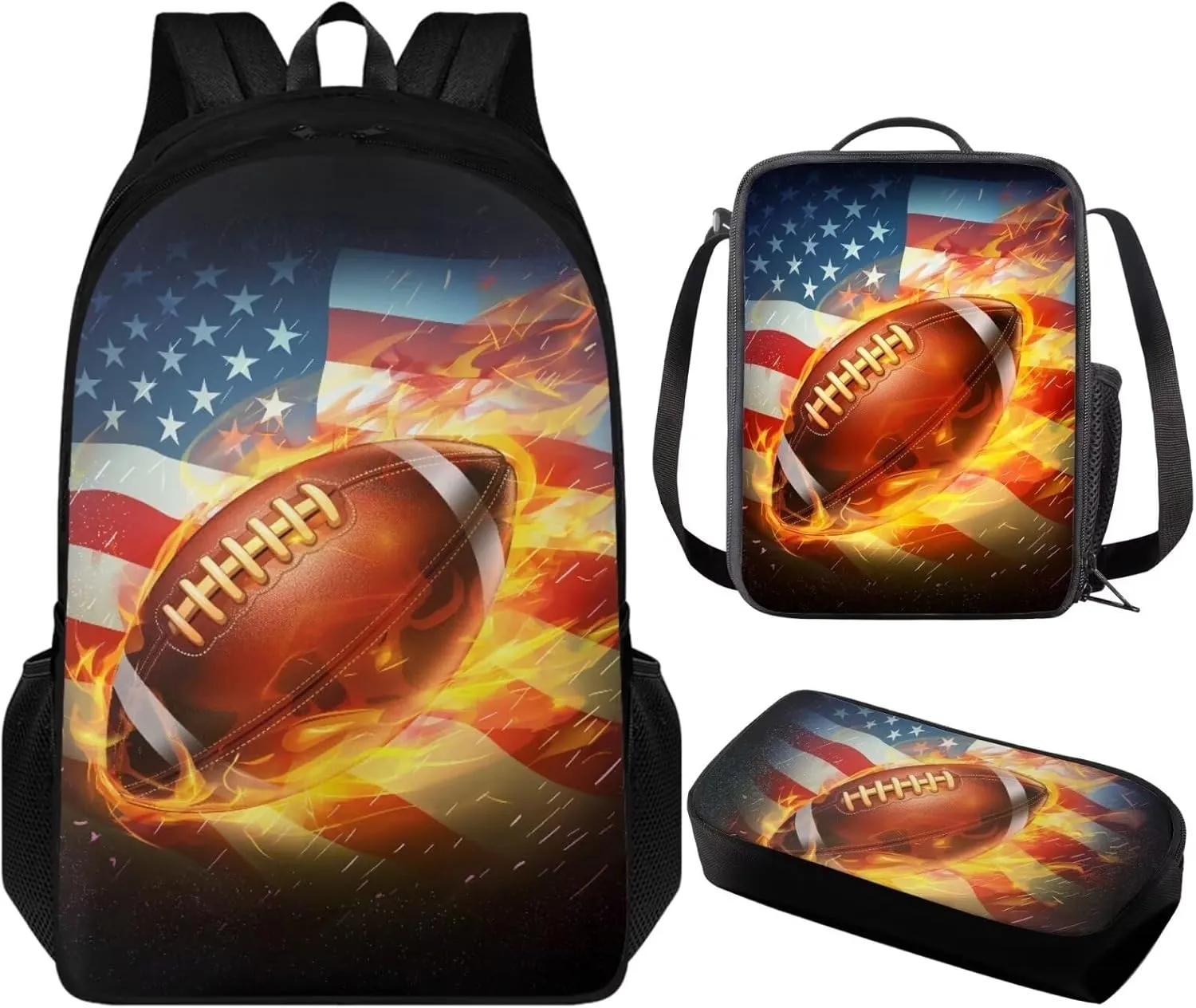 American Football Backpack for Boys 10-12 Travel School Bookbag for Boys 3 Piece Backpack Set Backpack for Kindergarten Elementary Middle High School 5th Grade Backpack