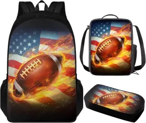 American Football Backpack for Boys 10-12 Travel School Bookbag for Boys 3 Piece Backpack Set Backpack for Kindergarten Elementary Middle High School 5th Grade Backpack