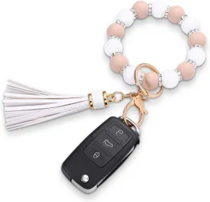 AMIR Silicone Key Ring Bracelet for Women - Elastic Wristlet Keychain with Zircon & Tassel - Beaded Key Holder