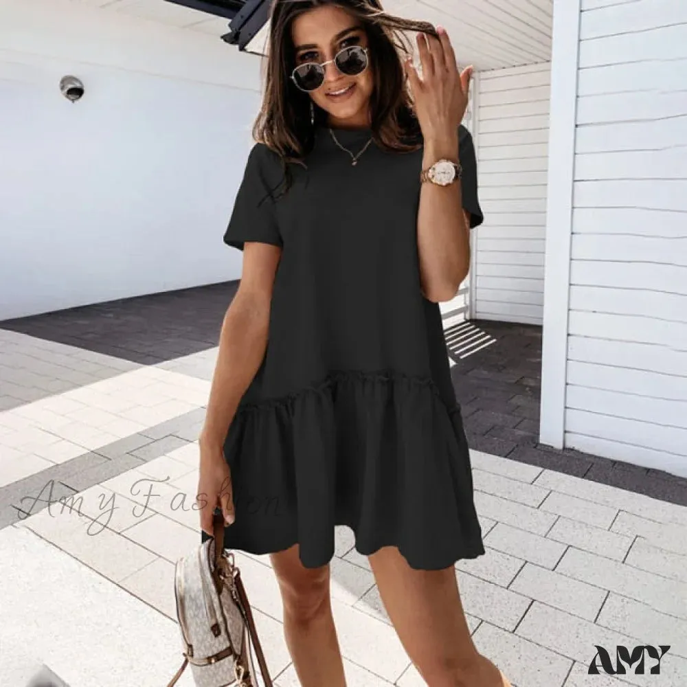 Amy Fashion - O-neck White Black Ruffles Big Hem Dresses